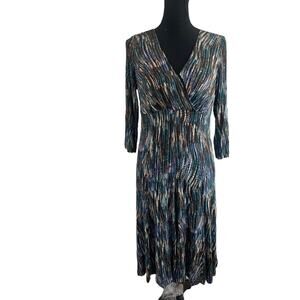 Karen Kane Faux Wrap Flare Dress Blue Jazz Stretch Patterned Large